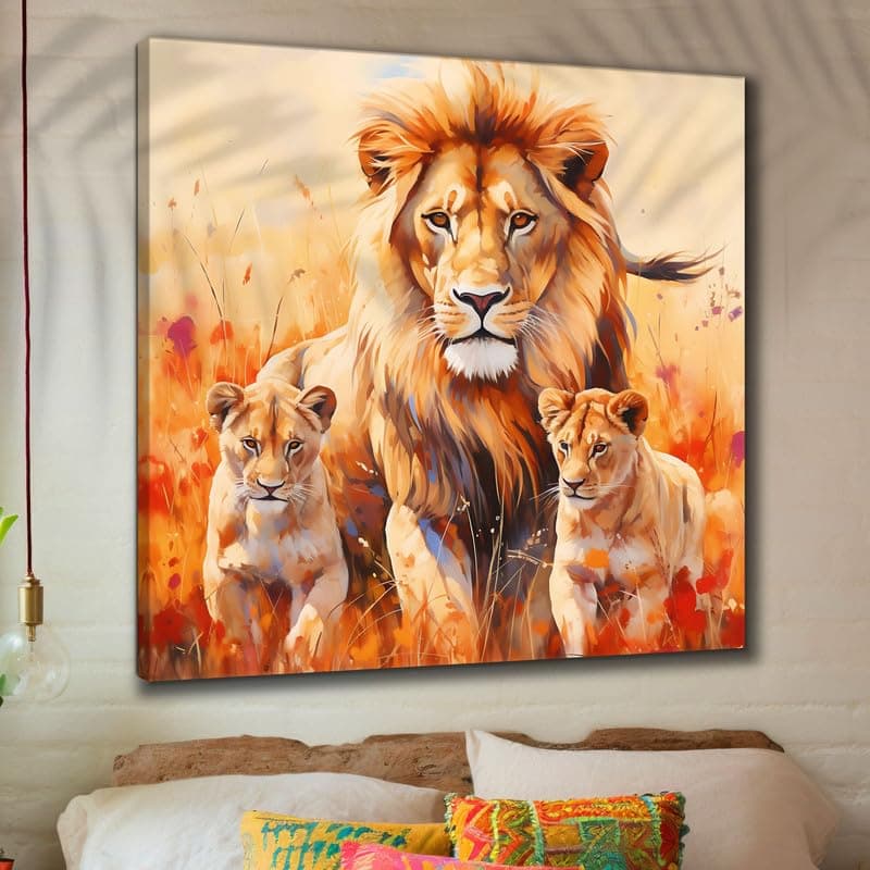 SAF paintings Wooden Framed Loin Family Canvas Wall Painting for Home Décor And Office||For Bedroom,Living Room Home wall and Office Interior 24X24Inch and Office CR-247