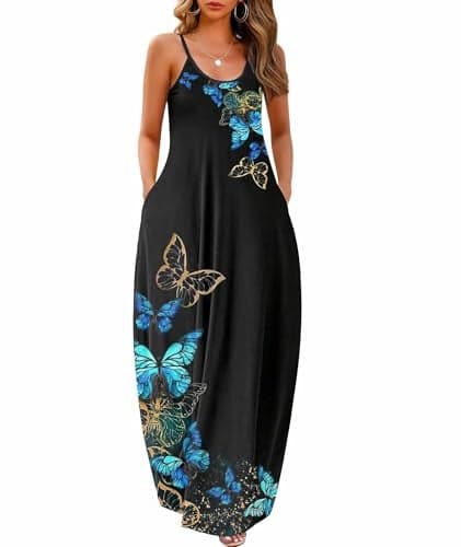 Wolddress Womens 2025 Casual Sleeveless Sundress Plus Size Loose Plain Long Summer Beach Maxi Dress with Pockets Butterfly Black 2X