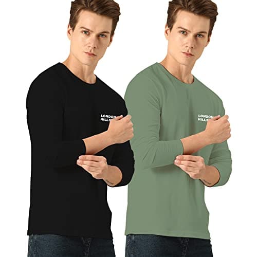 London Hills Cotton Men's Round Neck Full Sleeve Black, Light Green Regular Fit T-Shirt (Pack Of 2), Large