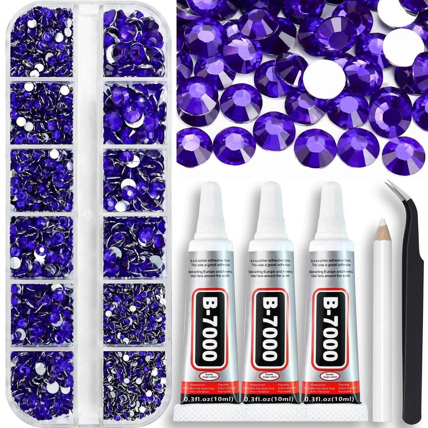 Towenm B7000 Clear Glue with 4000PCS Purple Violet Rhinestones for Crafts Clothing Fabric Shoes Glue Fix Flatback Gems for Nails Face Jewelry Mixed 5 Sizes 2mm 3mm 4mm 5mm 6mm Diamond Bejeweled Kit