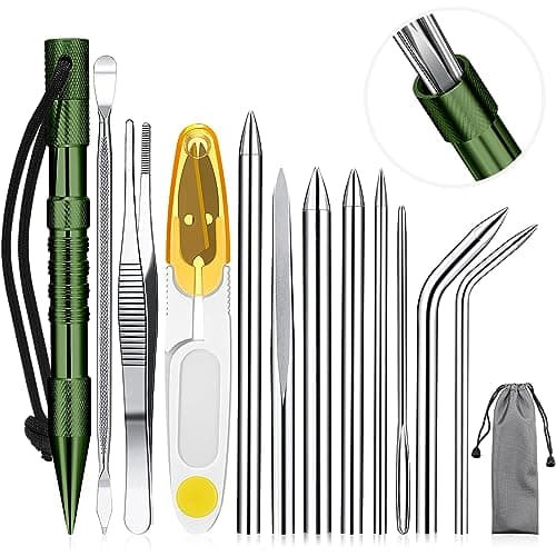 Ferraycle 12 Pcs Paracord FID Set Stainless Steel Knotter Tools Marlinspike Set Paracord Stitching Lacing Stitching Needles and Smoothing Tool Knotter Tools for Work Leather WeavingRed