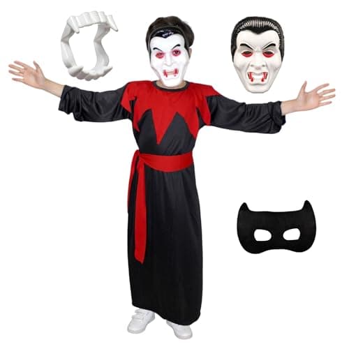 Kaku Fancy Dresses Polyester Red & Black Dracula Costume With Vampire Teeth & Face Mask For Kids Halloween Costume Party