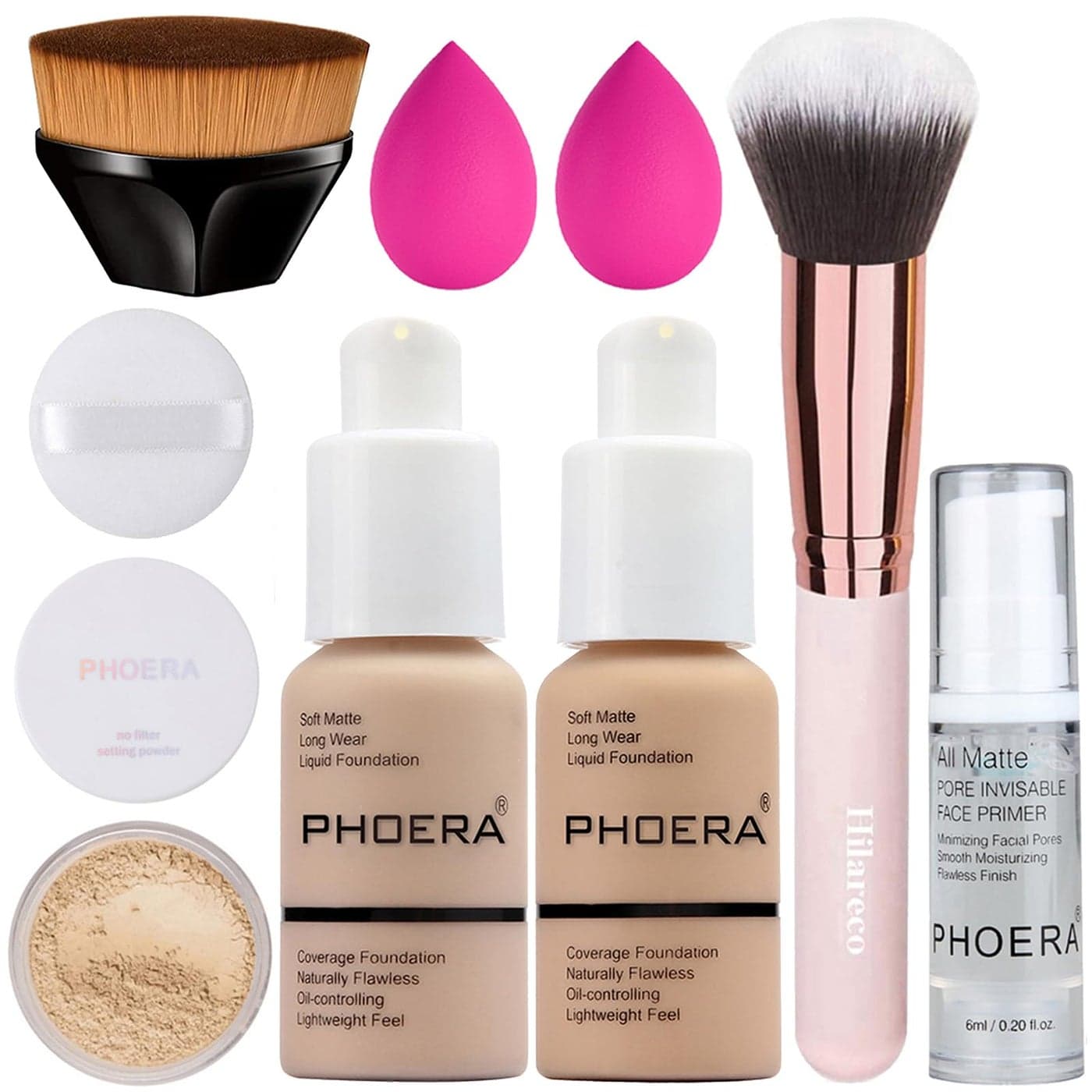 PHOERA Foundation Primer Powder Makeup Set Kabuki Brushes 2 Pcs Sponge 102 Nude 104 Buff Beige