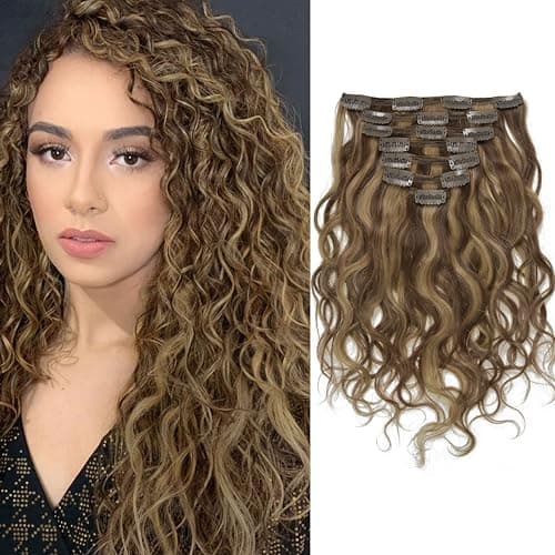 Caliee 14Inch Natural Curly Clip in Human Hair Extension Natural Wave Curly Clip in Hair Extensions Piano Chocolate Brown Mixed with Strawberry Blonde Color Remy Human Hair Clip ins NWP427 120G