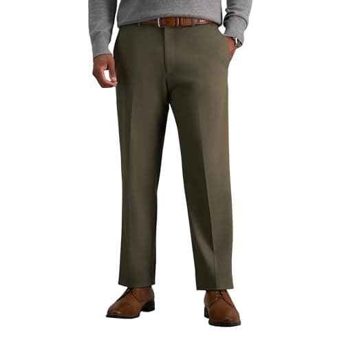 Haggar mens Premium No Iron Khaki Classic Fit Expandable Waist Flat Front Pant, Toast, 36x32