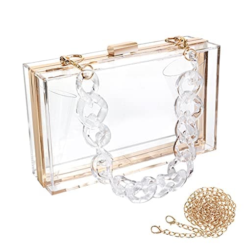 WJCD Women Clear Purse Acrylic Box Clutch Handbag, Small Transparent Crossbody Evening Bag Stadium Approved Gold Chain Strap (Transparent 2 chains)