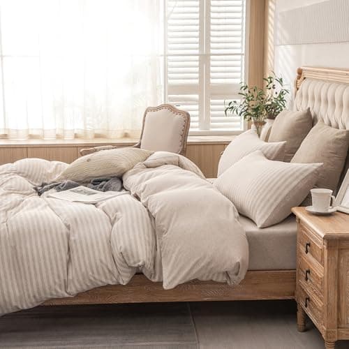 PURE ERA Jersey Knit 2pc Duvet Cover Set 100% T-Shirt Heather Cotton Super Soft Comfy Classic Striped Design, with Zipper Closure, Heather Beige Stripe, Twin