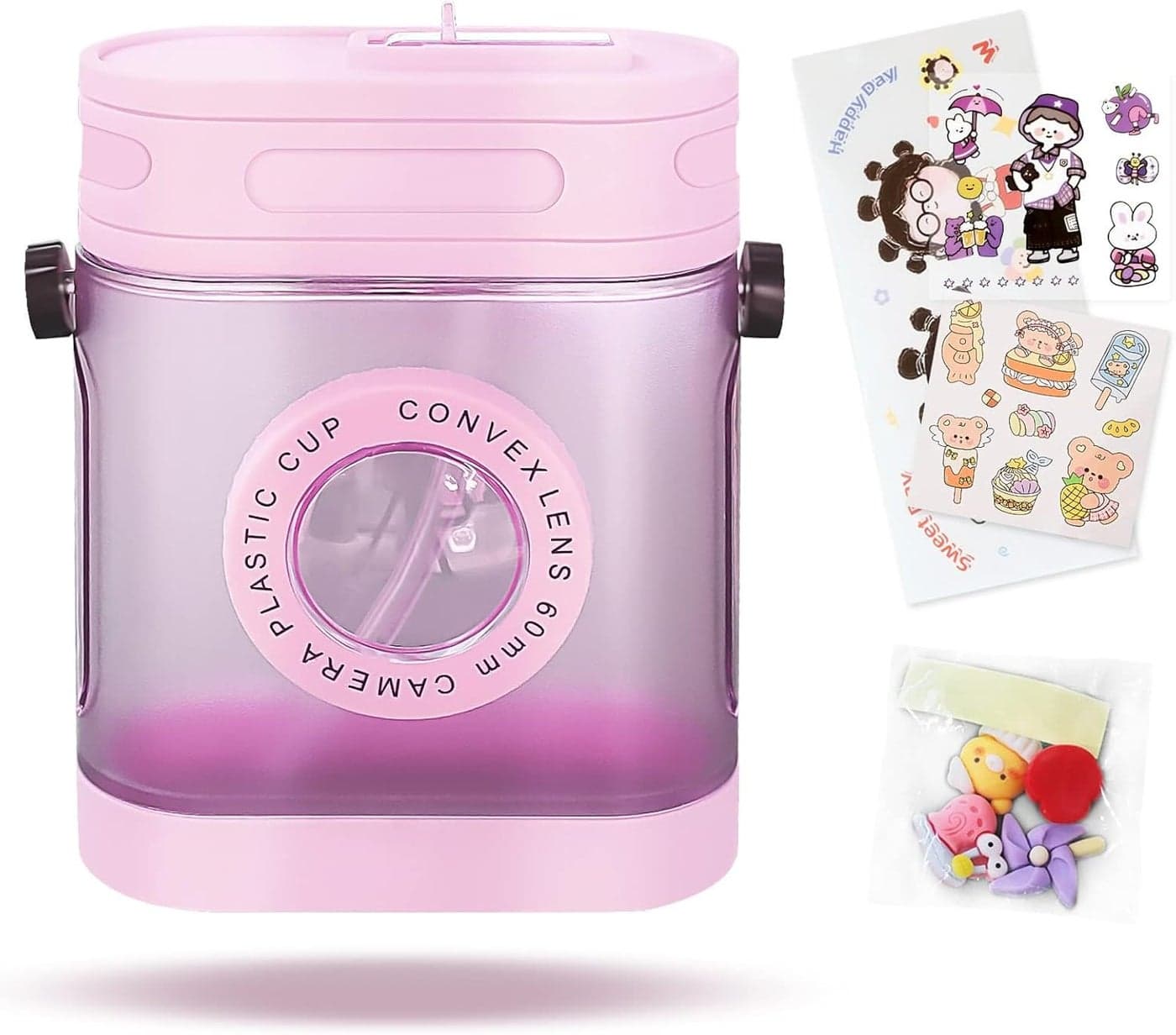 Kawaii Retro Camera Water Bottle, 450ml with Straw, BPA-Free Plastic, Adult Drinking Cups for Travel, Gifts from Daughter and Son