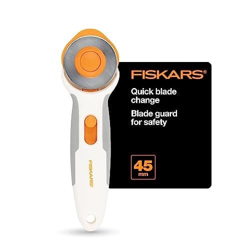 Fiskars Rotary Cutter, Titanium Carbide Blade 3x Harder Than Steel, Perfect for Fabric Felt & Vinyl, 45mm Precision Steel, 7mm Exposure, SoftGrip Ergonomic Handle, Multi-Angle Cutting