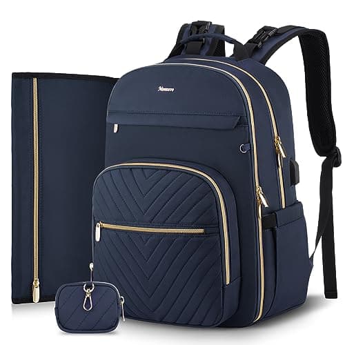 MOMUVO Diaper Bag Backpack, Quilted Baby Bag with Changing Pad & Stroller Straps & Pacifier Case, Large Travel Diaper Bags for Mom Dad, Blue