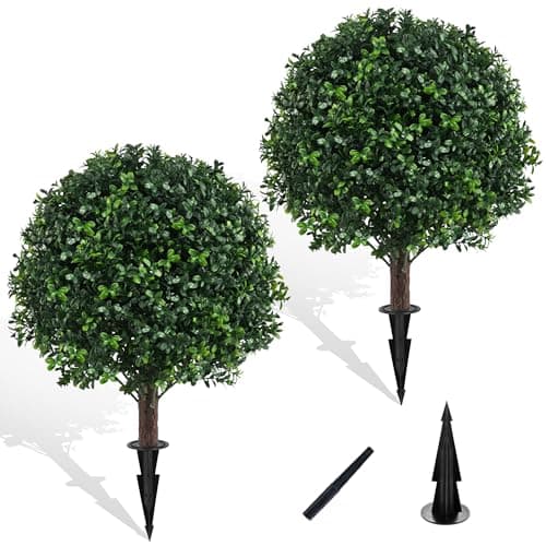 Chillchard Set of 2 Artificial Boxwood Ball Trees for Outdoor with Spike UV Resistant Faux Topiary Ball Fake Plants Greenery Round Shrubs Bushes for Entryway Front Porch Decor