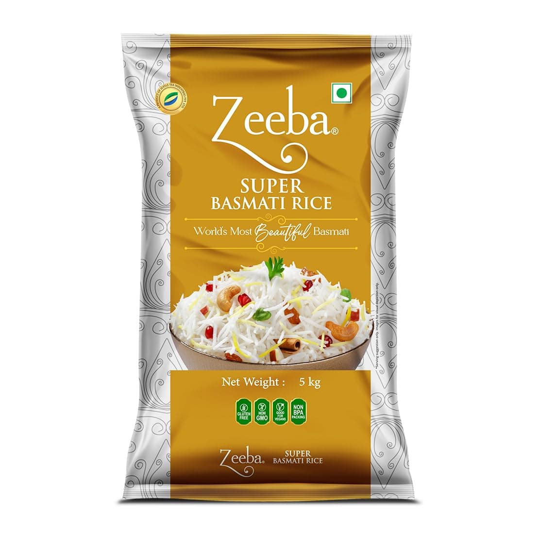 Zeeba Super Basmati Rice 5 Kg, Fluffy & Naturally Aromatic, Gluten Free Fine Grains (Cooked length upto 23mm*)