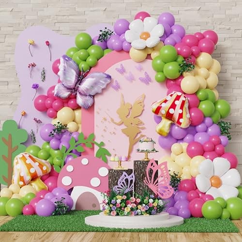Enanal Fairy Balloon Garland Arch Kit 149pcs Lavender Green Rainbow Balloons with Daisy Butterfly Mushroom Foil Balloon for Easter Decoration Fairy Birthday Wonderland Baby Shower Supplies
