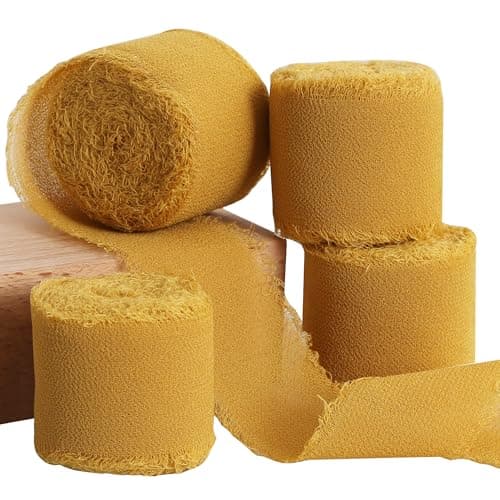 TONIFUL 4 Rolls Silk Chiffon Ribbon 112 Inch x 22yds Gold Chiffon Ribbons Handmade Fringe Silk Ribbon Frayed Edges for Gift Wrapping Bridal Bouquets Wedding Invitations Decoration Crafts