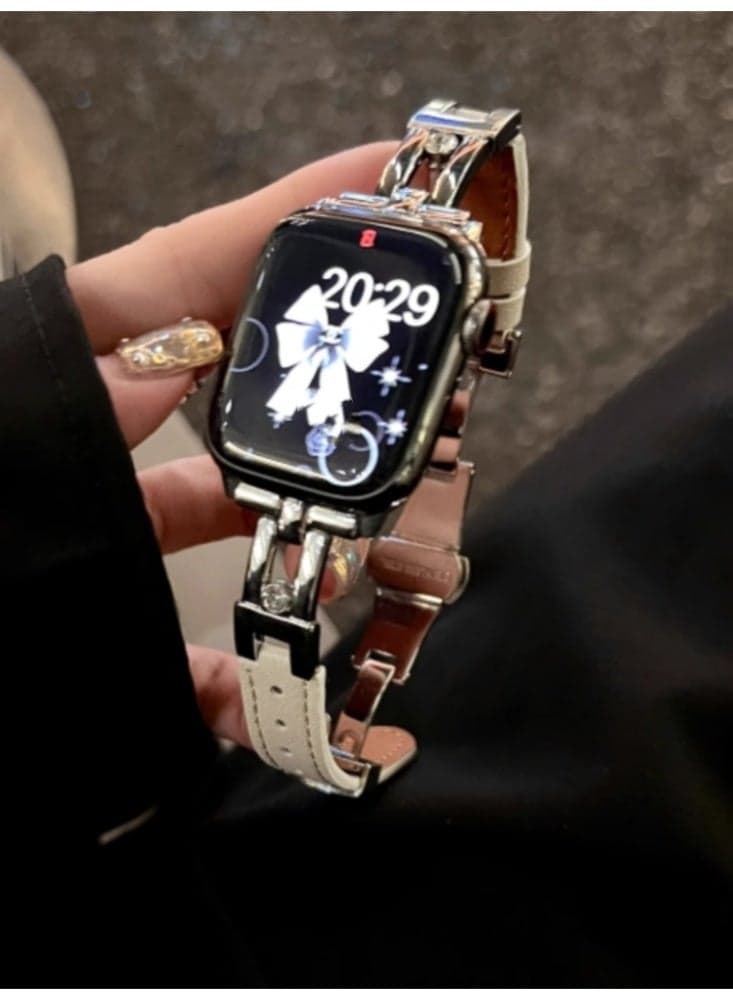 Metal Leather erfly Buckle Strap Starlight Silver Suitable For 42MM (iWatch 10th generation)Use