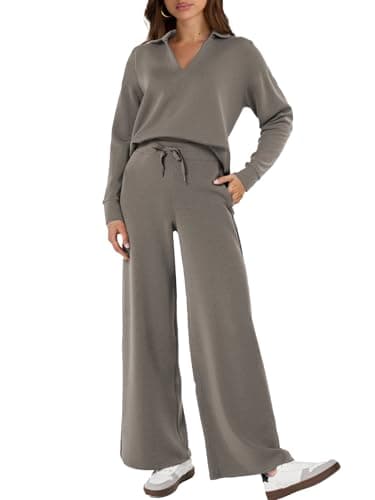 Glamaker Womens Set 2 Piece Outfit Casual Long Sleeve Polo Neck Pants Sets Sweatsuits Wrinkle Resistant Travel Sets Fall Outfits (Medium Grey XL)