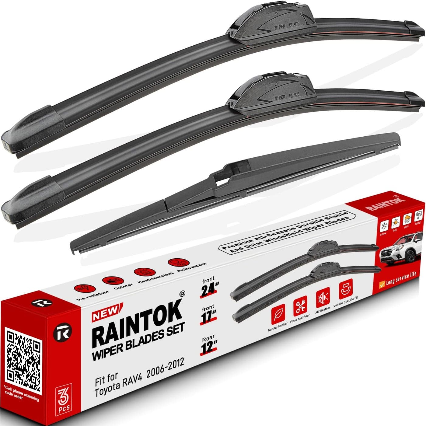 RAINTOK Windshield Wiper Blade Set Replacement for Toyota Rav4 20062012 Original Equipment Replacement Front Wiper Blades241712 Set of 3 UJ Hook
