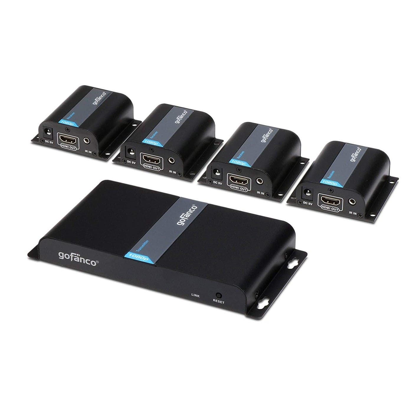 gofanco 1080p 1x4 4 Port HDMI Extender Splitter Over CAT5eCAT6CAT7 Ethernet Cable IR Extension Up to 40m 130ft at 1080p 60Hz 1 in 4 Out HDMIExt4P