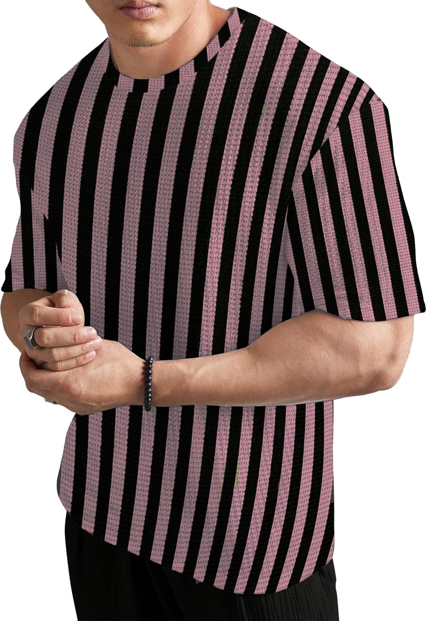KAJARU Men's Striped Waffle Pattern T-Shirt, Round Neck (in, Alpha, XL, Regular, ONIONPINK)