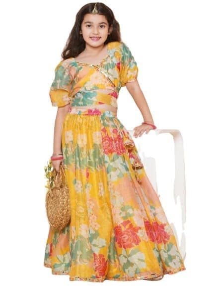 Bitiya by bhama Girls Yellow Flower Digital Print Lace work Choli with Ready to wear Lehenga.