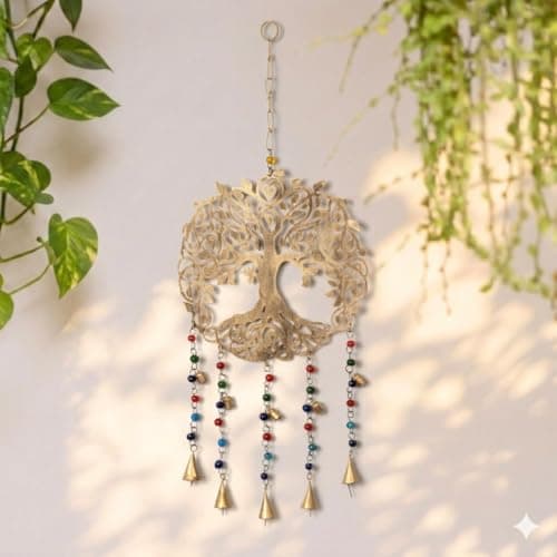 DULI Metal Windchime wall Hanging Lasercut Tree of Life Wind Chime with 5 Large & 5 Small Bells, Colored Beads – Iron Design 24x10 Inches (BigTreeofLife: MetalHanging)