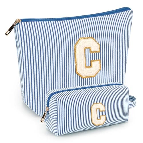 2 PCS Initial Makeup Bags for Women: Cosmetic Bag for Travel Toiletry - Birthday Gifts for 11 12 13 14 15 16 17 18 Years Old Girl Graduation Teacher Gift- Teen Girl Gifts Trendy Stuff - Blue C