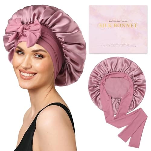 AWAYTR Mulberry Silk Bonnet for Sleeping Silk Sleep Bonnet with Tie Band for Curly Hair Men and Women Rose Gold