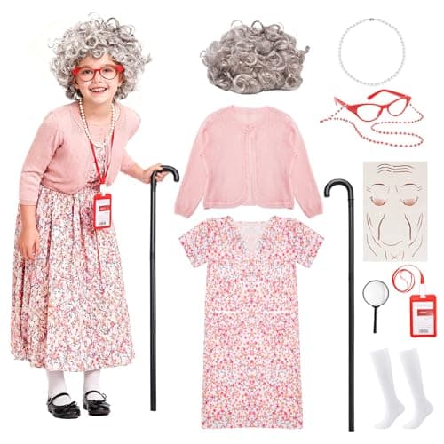 Skirfy Kids 100 Days of School Costume for GirlsOld Lady Granny Costume with WigMagnifierCane and Glasses for 100th Day of School events and Halloween DressUp