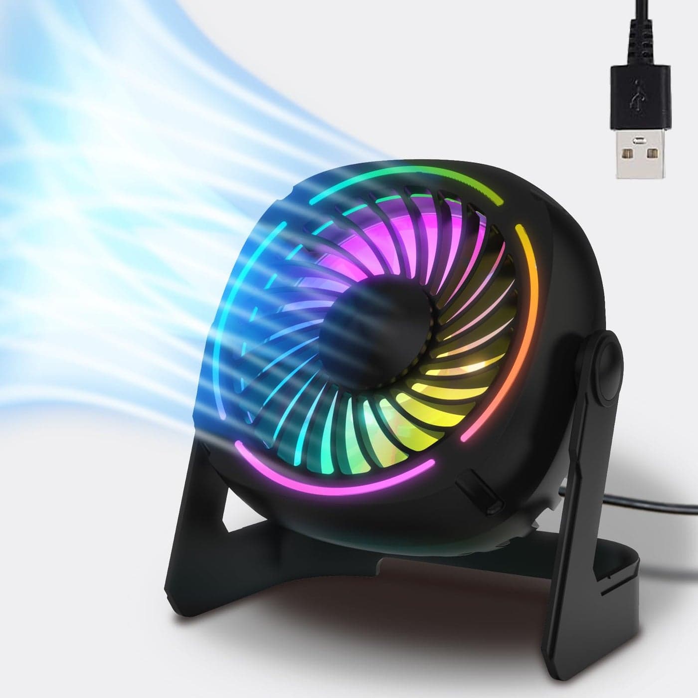 Fittrycole USB Desk Fan RGB Small Fan with 8 Light ModesTable Fan with 3 Speeds360 Rotation Quiet Operation Portable Desk Fan for Home Desktop Office Travel Bedroom