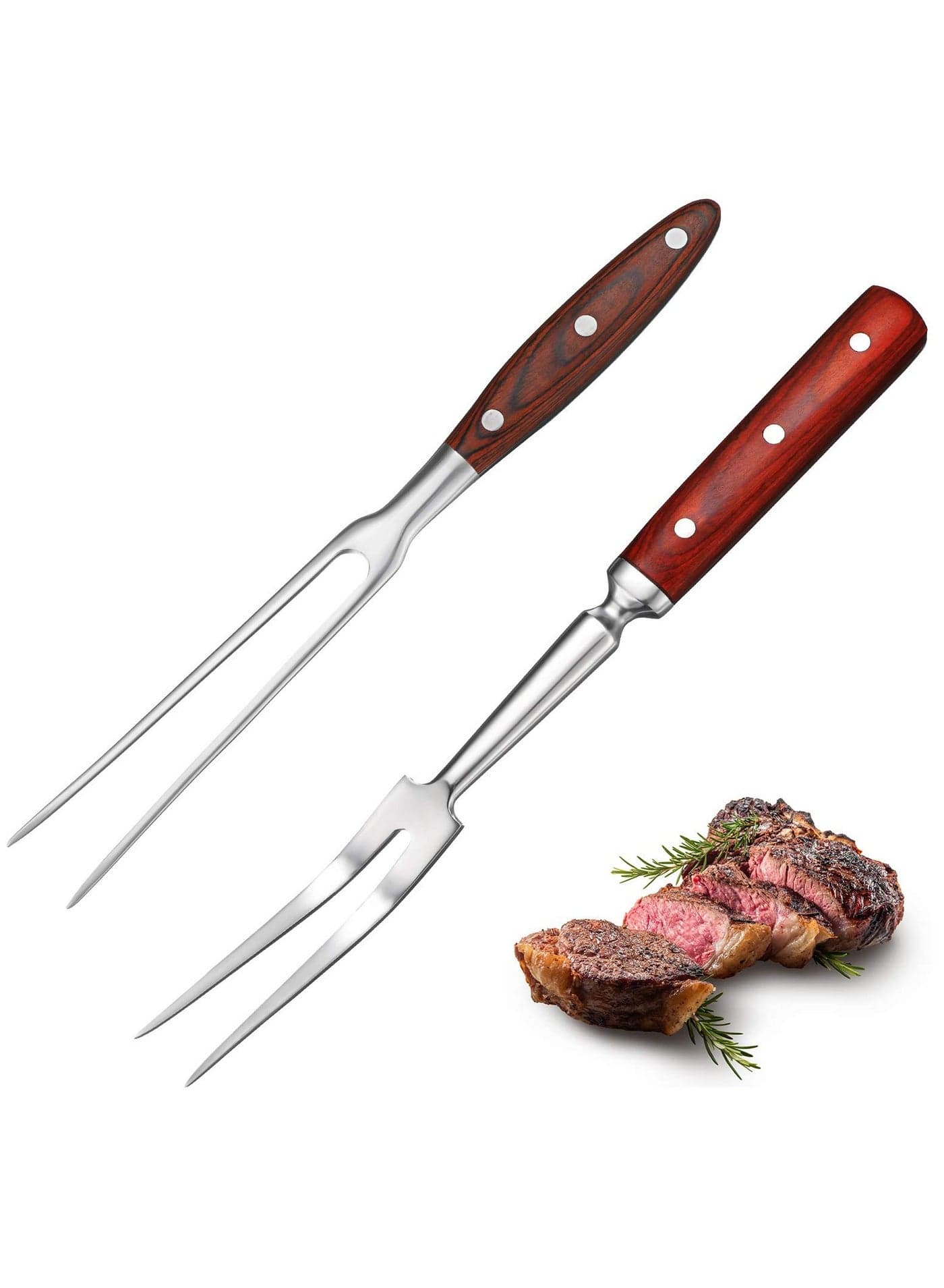 Stainless Steel Carving Fork Set with Wooden Handles, 2-Piece BBQ and Roasting Forks (12" and 14") for Grilling and Dinner Parties