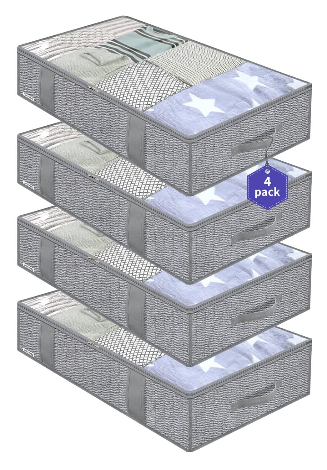 Onlyeasy Underbed Storage Bags Organizer 4 Pack Large Capacity Under Bed Storage Containers with Reinforced Handles Foldable Fabric Storage Bins with Clear Window Herringbone Grey 7MXRUBBP4