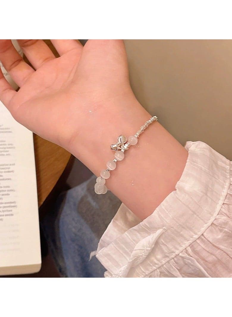 Cat Eye Stone Bracelet for Women – Elegant Beaded Charm Bracelet with Bell Bow, Dainty Small Luxury Jewelry, Chic Gift for Girls