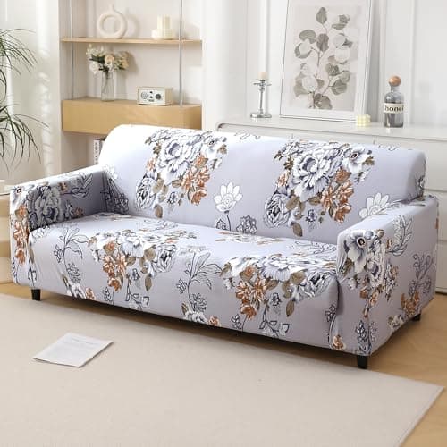HOKIPO Polyester Blend 140 Gsm Stretchable Sofa Cover For 4 Seater Sofa, Gentle Grey Dahlia (Ar-5130-D5)