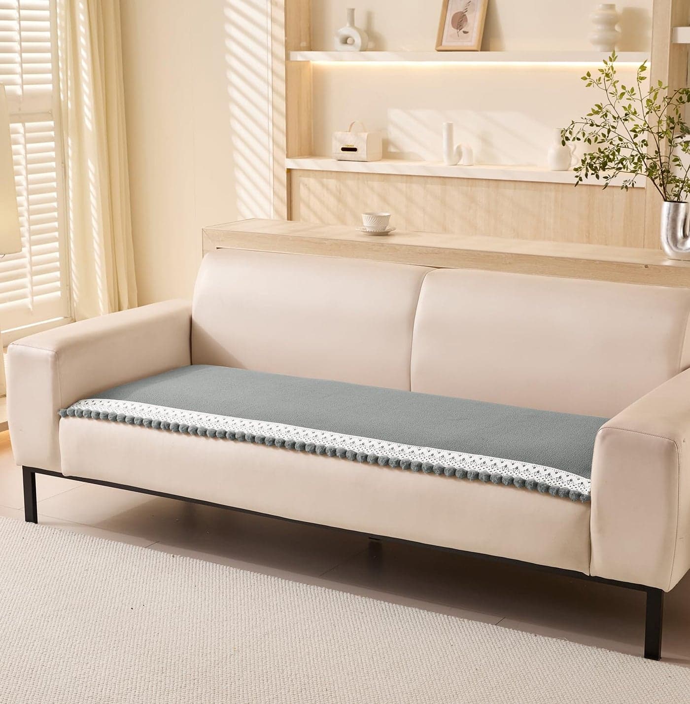 House of Quirk Sofa Covers Furniture Protector 1/2/3/4 Seater Chenille Fabric with Ball Tassels Sofas Slipcovers Anti-Slip Stretch Seat Pad (One Seater, Cream, 70x70cm)