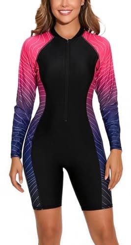 Halcurt Womens Boyleg One Piece Rash Guard with Built in Bra Zip Front UPF50 Long Sleeve Full Body Surfing Swimsuit Black Ombre Hot Pink Black 2XL
