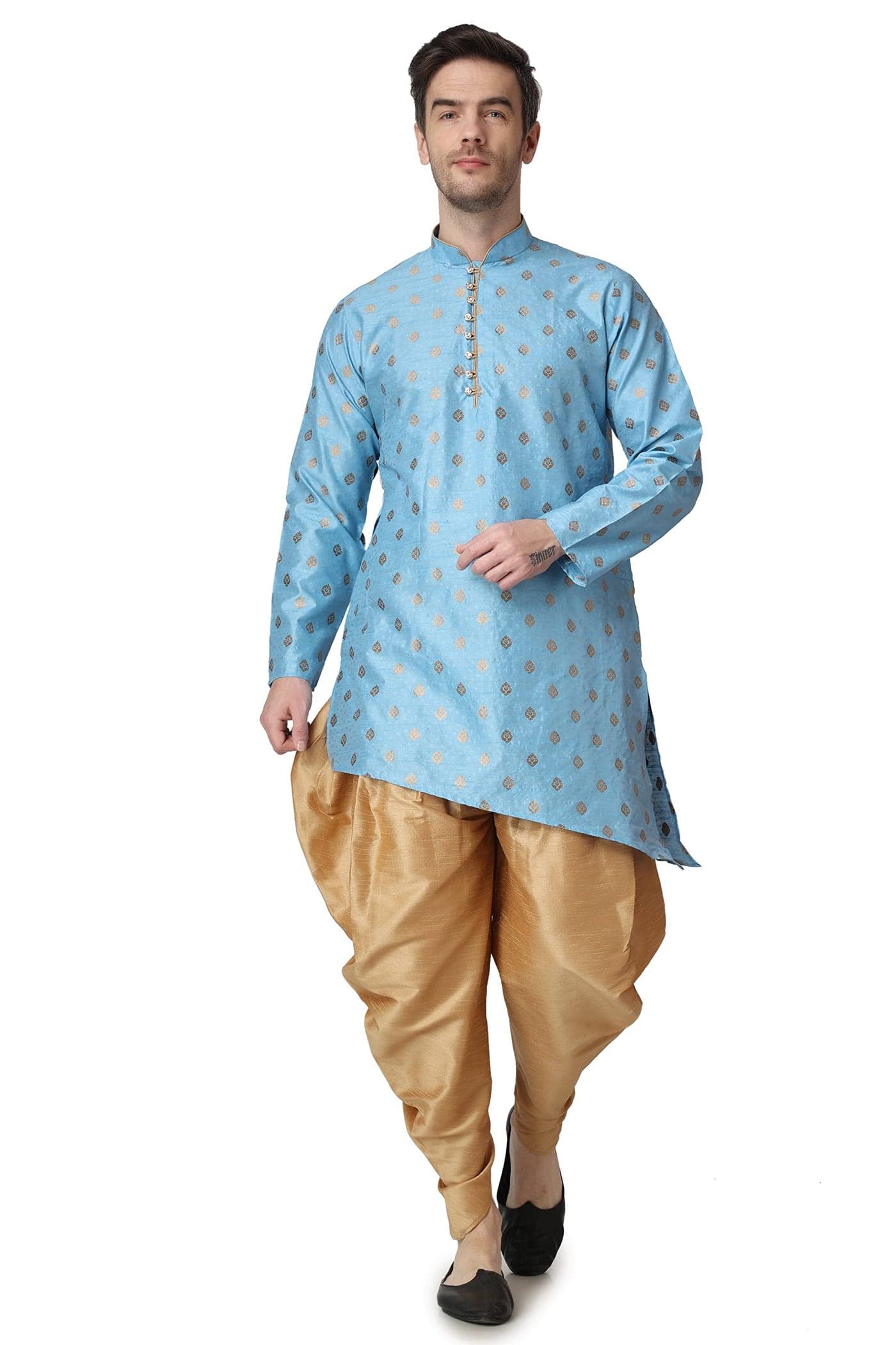 Royal Kurta Men's Turquoise Blue Jacquard Silk Printed Kurta (Size-40)