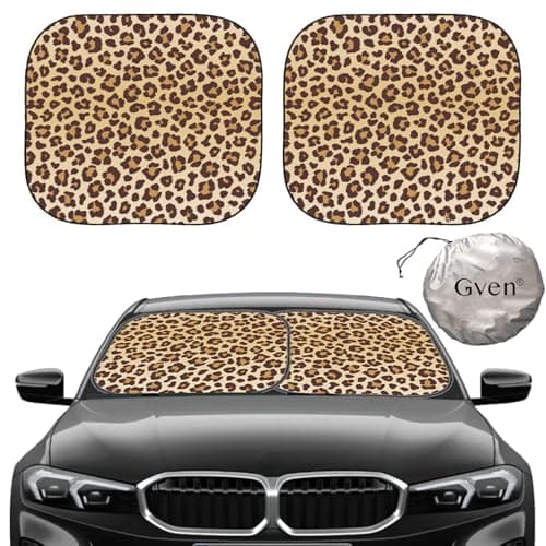 Gven Windshield Sun Shade 2pcs with Bonus Car Sunshade for Front Window Shades 2025 Technology Reflect UV and Heat Sun Visor Automotive Interior Sun Protection Leopard M