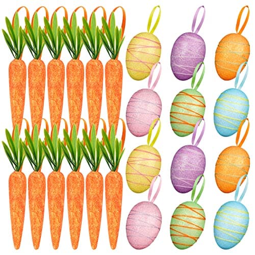 YBB 24 PCS Easter Egg Carrot Ornament Foam Glittering Hanging Eggs Carrots for Easter Party Supplies Tree Decoration