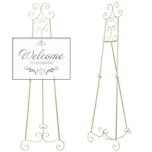 GlikCeil 57" H Gold Metal Scroll Easel Stand for Display Wedding Sign Poster Adjustable Portable Art Easels Poster Easel with Chain Support for Showcasing Pictures Artwork Coffee Exhibition Canvas
