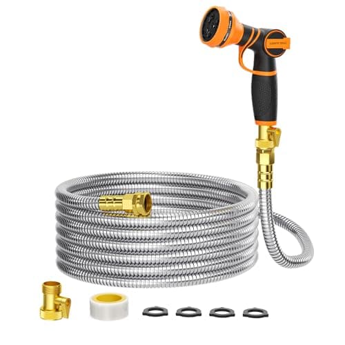 Giraffe Tools Garden Hose 50ft x 5/8", 304 Stainless Steel Metal Water Hose, No Kink Garden Water Hose with 9 Pattern Spray Nozzle, Flexible, Lightweight, Kink Free Hose for Yard, Outdoor