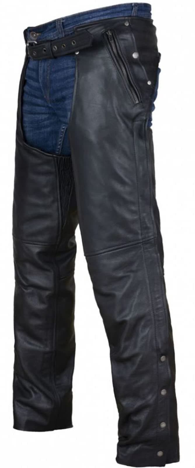 Black Motorcycle Leather Chaps for Men Women Riding with Zip Out Liner, Cowboy Biker Chap Pants with Four Deep Pockets, L