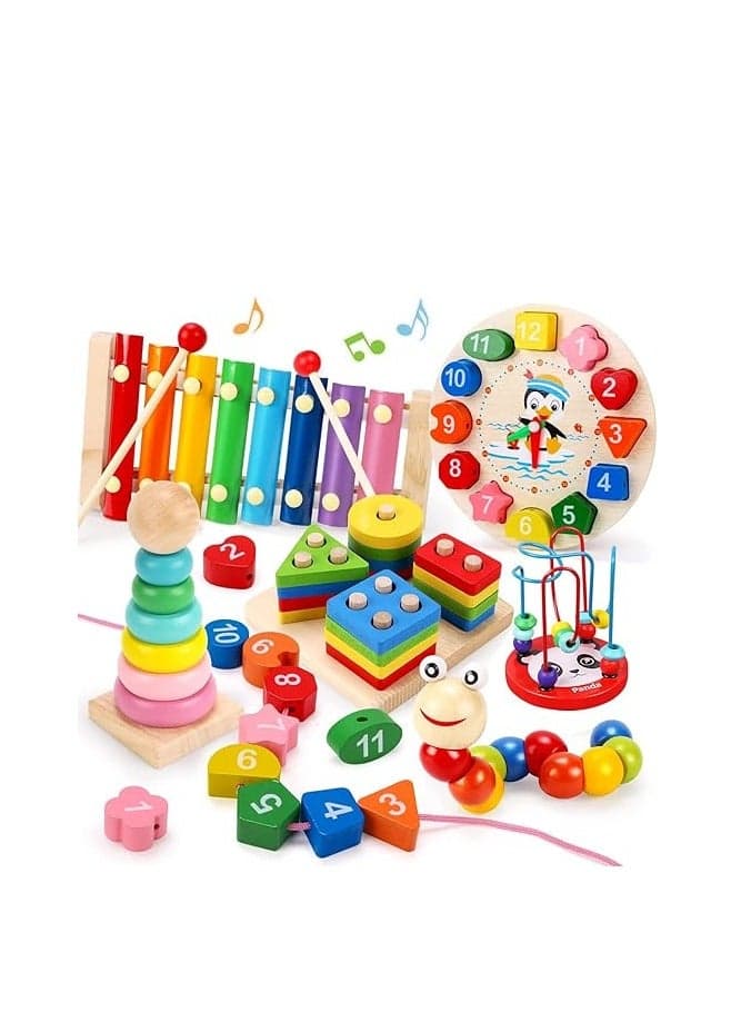 Montessori Toys for 1 2 Year Old Boys Girls, 6 In 1 Kids Wooden Toys Toddler Toys Includes Stacking Sorting Xylophone Bead Maze Baby Boy 3-6 Year,Preschool Educational Toy Gifts