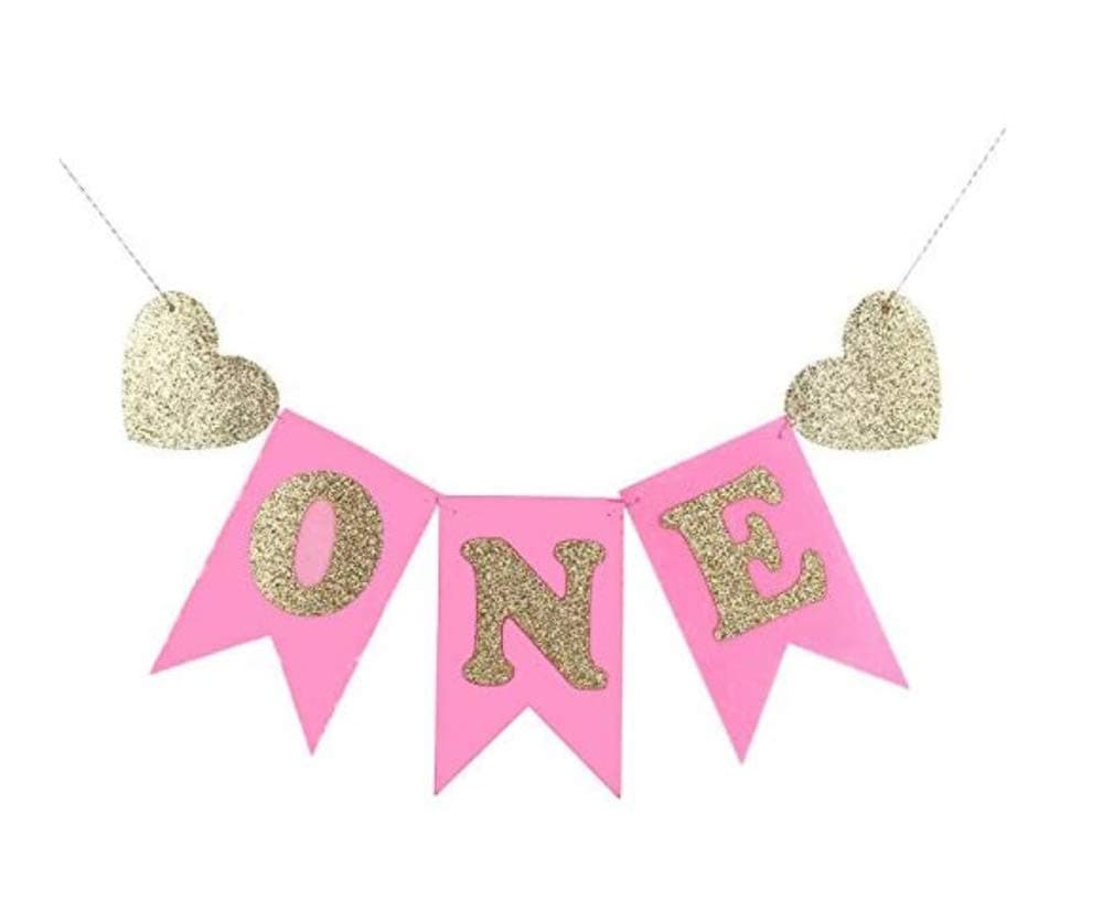 Hongkai Glitter Gold 1st Birthday Highchair Banner girl baby Birthday ONE Banner One High Chair Sign Baby First One Photo Prop Party Decorations