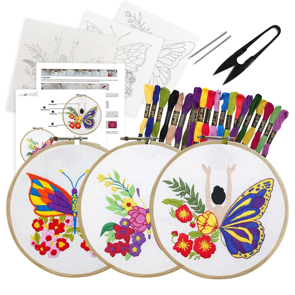 picknMAKE Cross Stitch Embroidery Kit Combo Pack for Beginners Adults Includes 3 Unique Designs Hoop Printed Fabric Threads Needles Cutter and Instructions Craft Hobby
