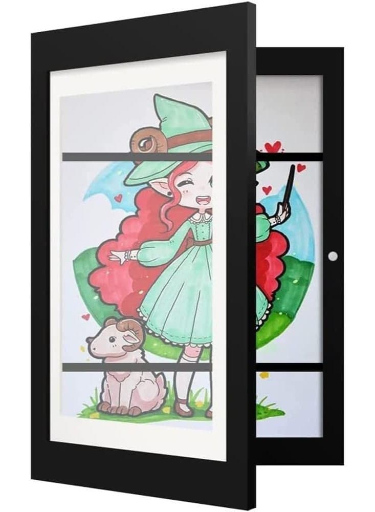 Kids Artwork Display Frame, A4 Size Front Opening Wooden Art Frame with Tempered Glass, Magnetic Door, Elastic Straps, Wall Mount for Children’s Paintings, Photos, Walnut (Black)