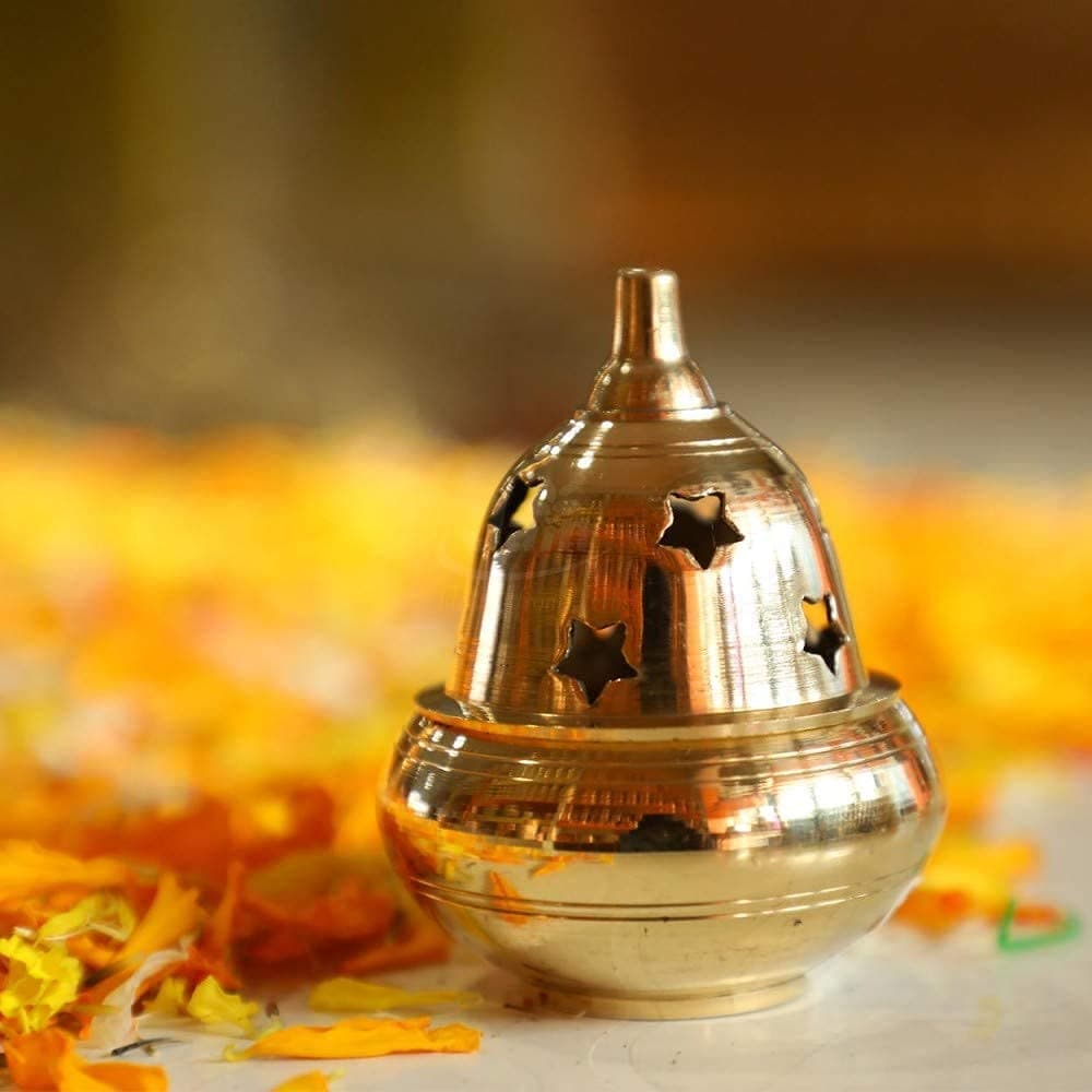 Saubhagya Apple Shape Brass Akhand Diya with Star Holes Cover Small Oil Lamp for Pooja Home Temple and Diwali