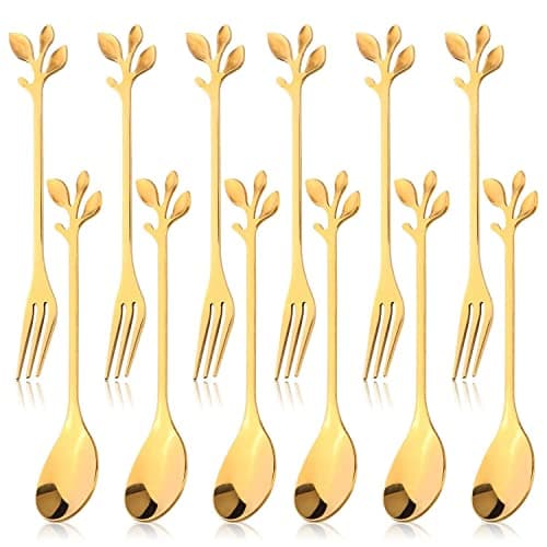 12pcs Stainless Steel Gold Leaf Coffee Spoon and Cake Fruit Forks Kitchen Accessory Wedding Party for Dessert Salad Appetizer Spoon and Fork Set6 Forks 6 Spoons Gold