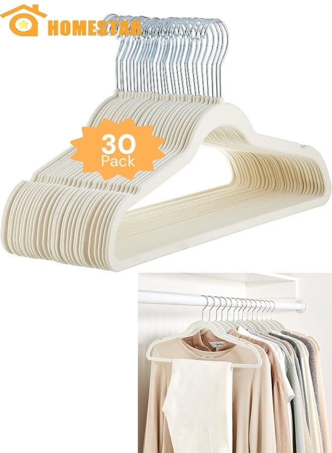 Velvet Hangers 30 Pack, Non-Slip Premium Hangers for Clothes, Felt heavy Duty Coat Hangers with 360° Swivel Hooks for Suits, Jackets, Trousers, Jeans, Ivory