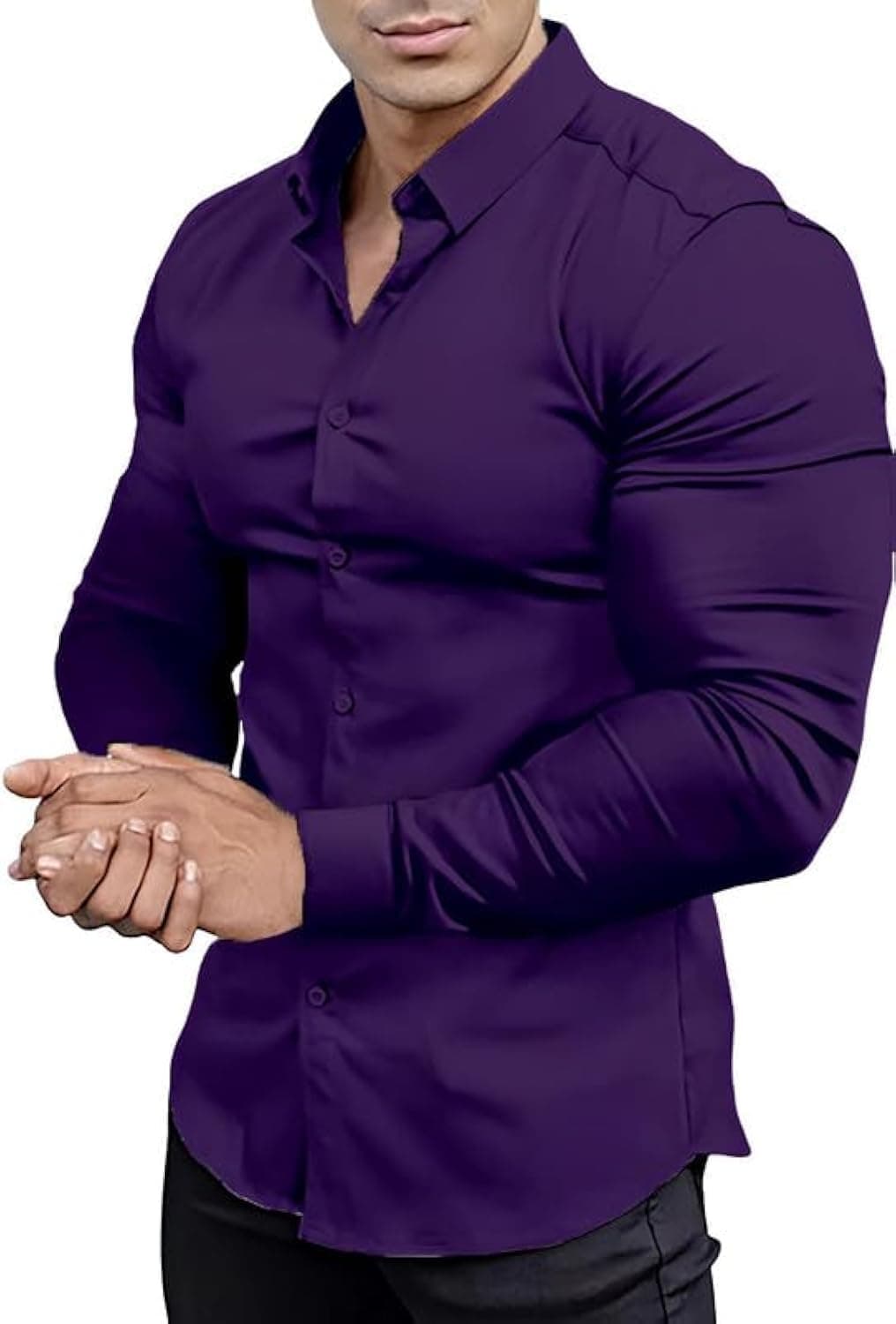 EOUOSS Men’s Muscle Fit Dress Shirts Athletic Slim Fit Long Sleeve Stretch Casual Button Down Shirt Purple Large