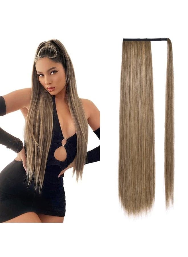 Long Ponytail Extension Straight Wrap Around Clip in Ponytail Hair Extensions Natural Soft Synthetic Hairpiece for Women 35 Inch Dark Ash Blonde with Highlights